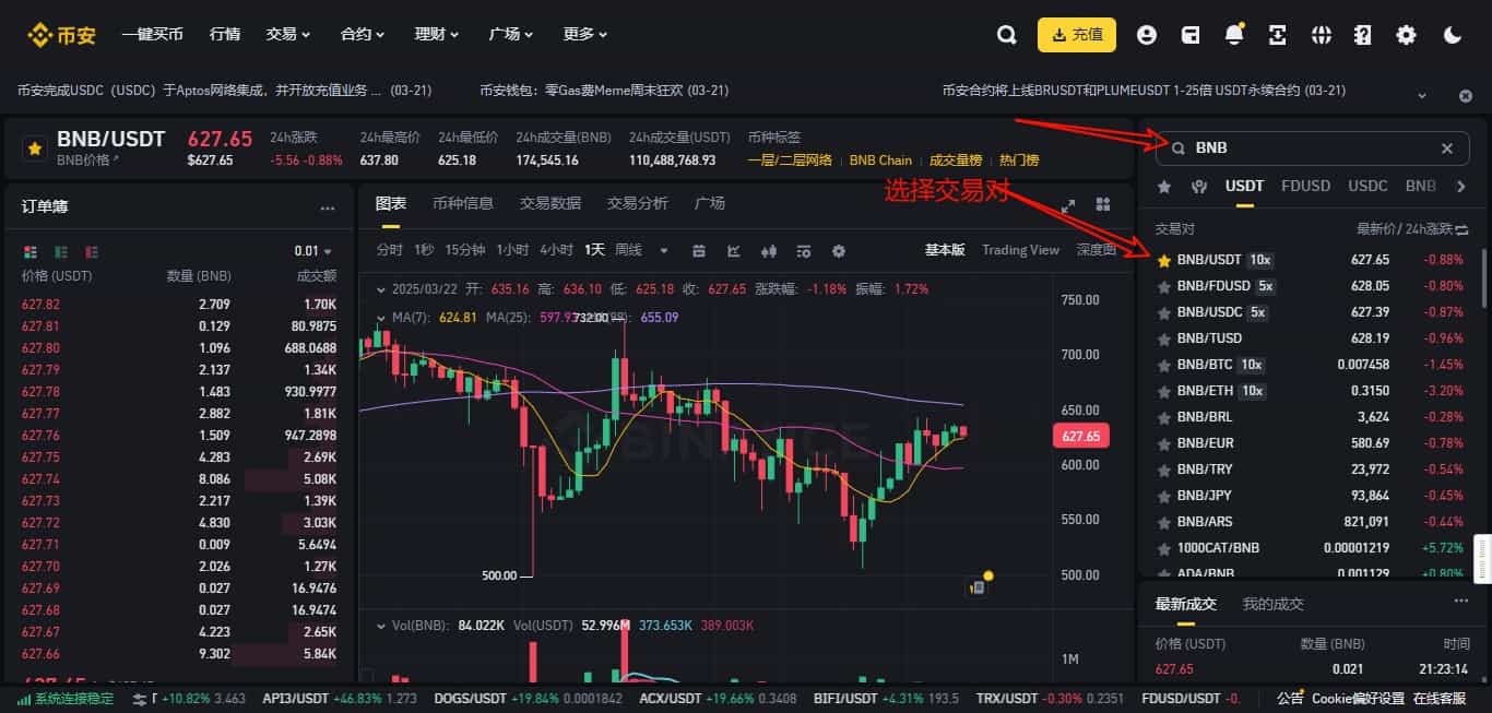 选择BNB/USDT交易对